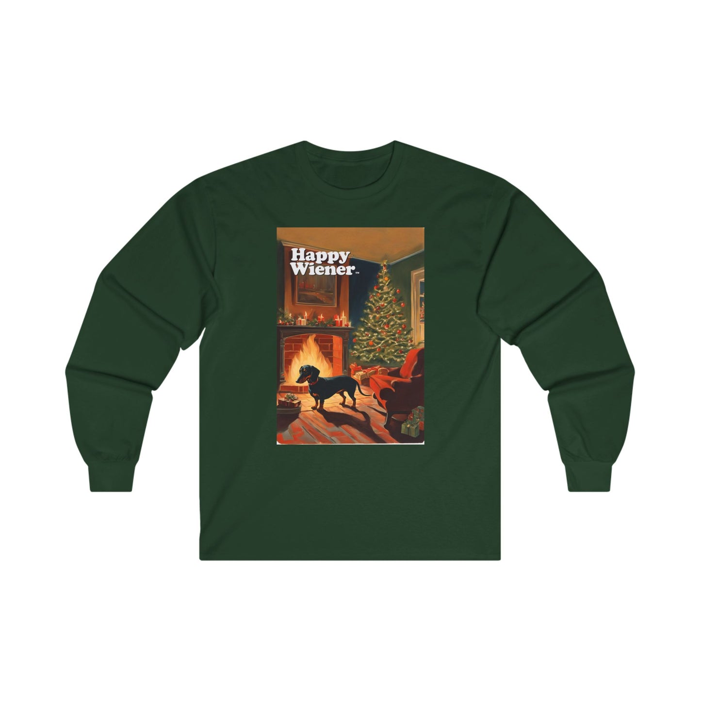 Long Sleeve TEE Holiday Sweater with CHRISTMAS TREE Fireplace Dachshunds – Wiener Dog Christmas Shirt