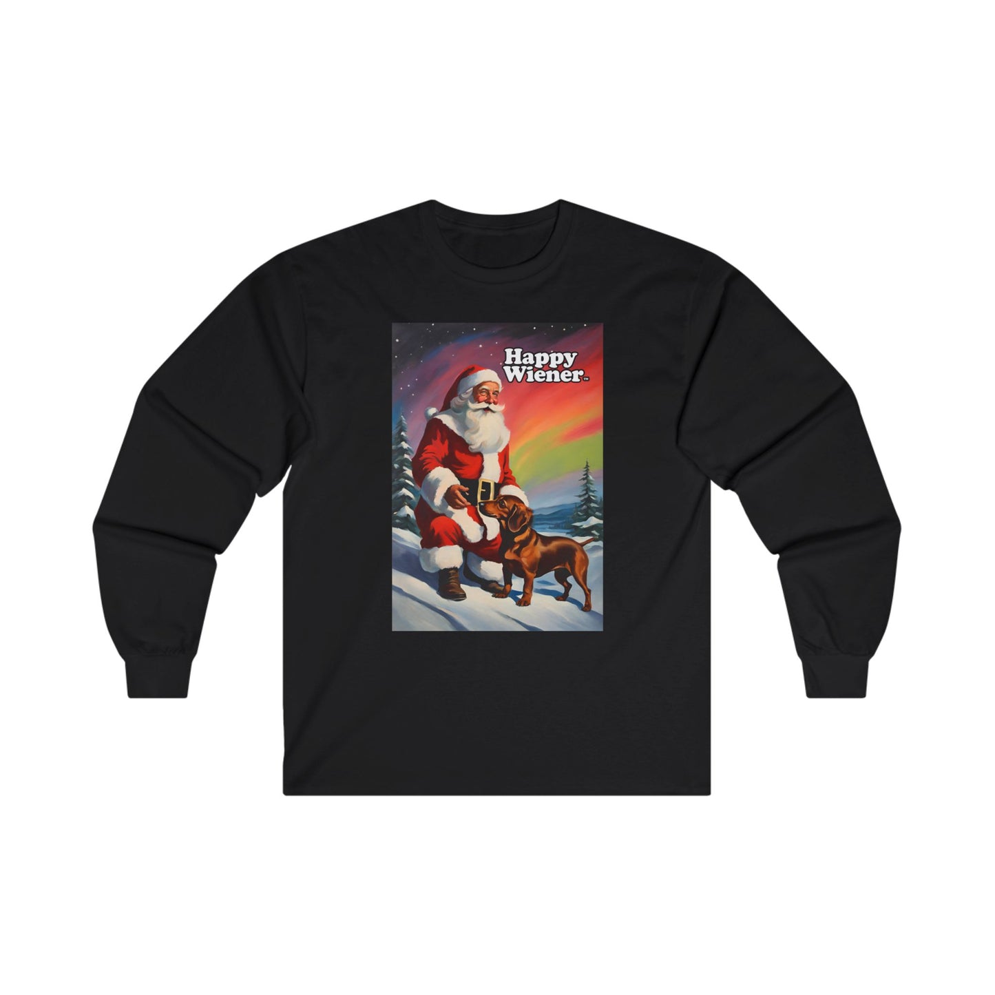 Long Sleeve TEE Holiday SANTA NORTHERN LIGHTS Sweater with Dachshunds – Wiener Dog Christmas Shirt
