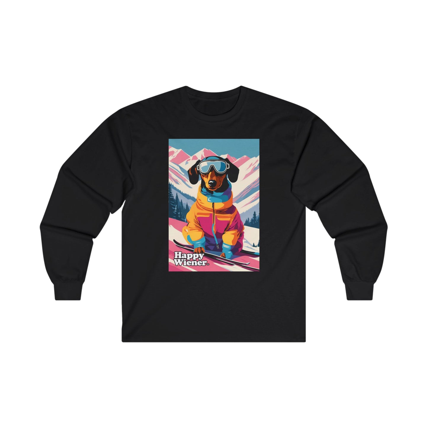 Long Sleeve TEE Holiday Sweater Party SKISONS GREETINGS with Dachshunds – Wiener Dog Christmas Shirt