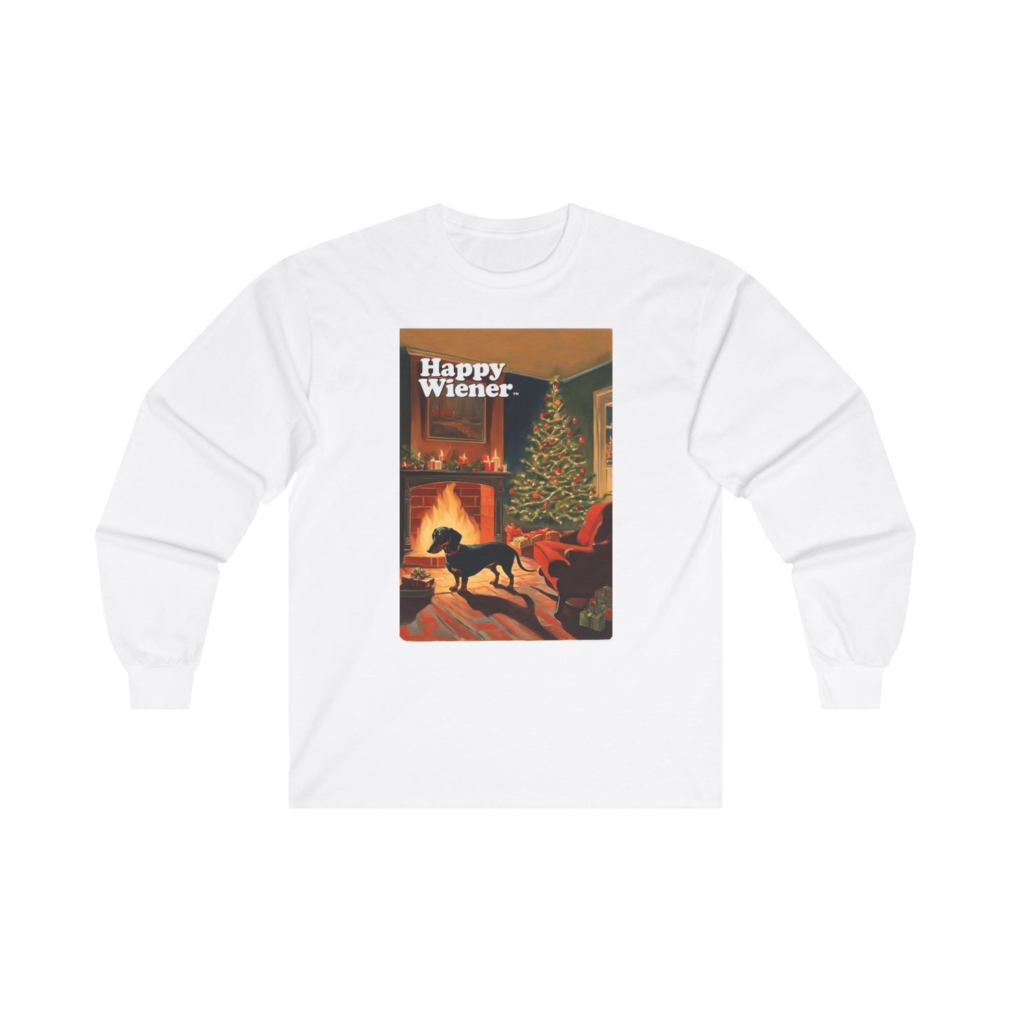 Long Sleeve TEE Holiday Sweater with CHRISTMAS TREE Fireplace Dachshunds – Wiener Dog Christmas Shirt