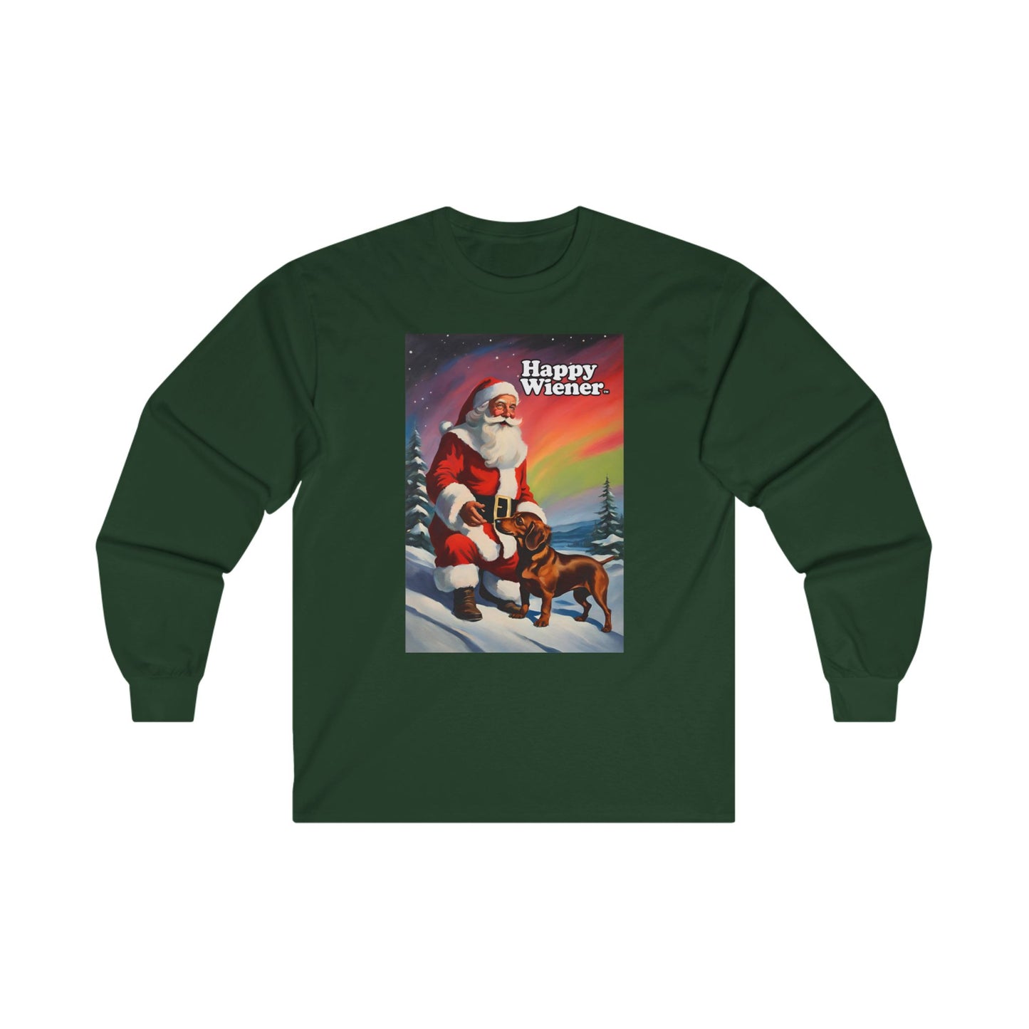 Long Sleeve TEE Holiday SANTA NORTHERN LIGHTS Sweater with Dachshunds – Wiener Dog Christmas Shirt