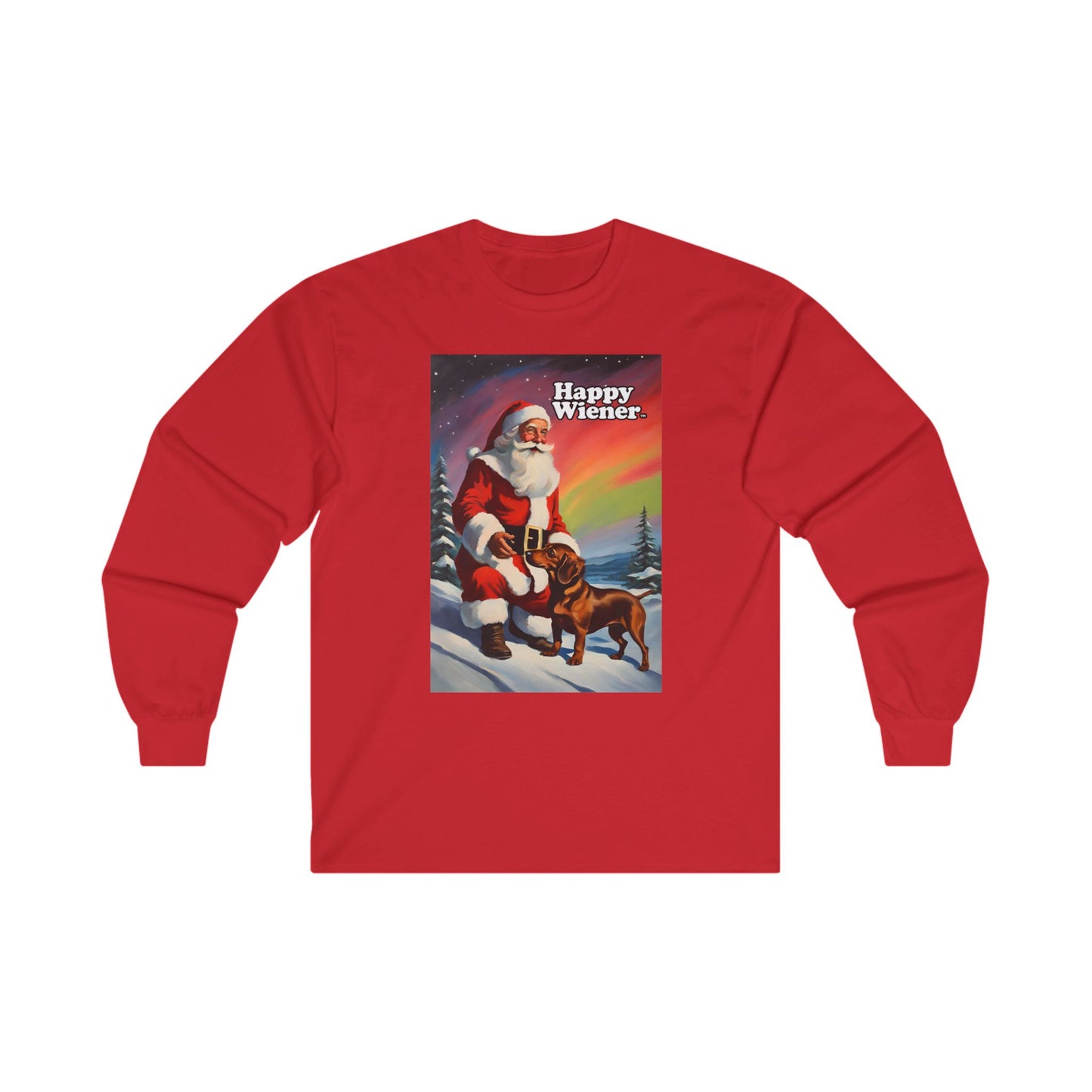 Long Sleeve TEE Holiday SANTA NORTHERN LIGHTS Sweater with Dachshunds – Wiener Dog Christmas Shirt