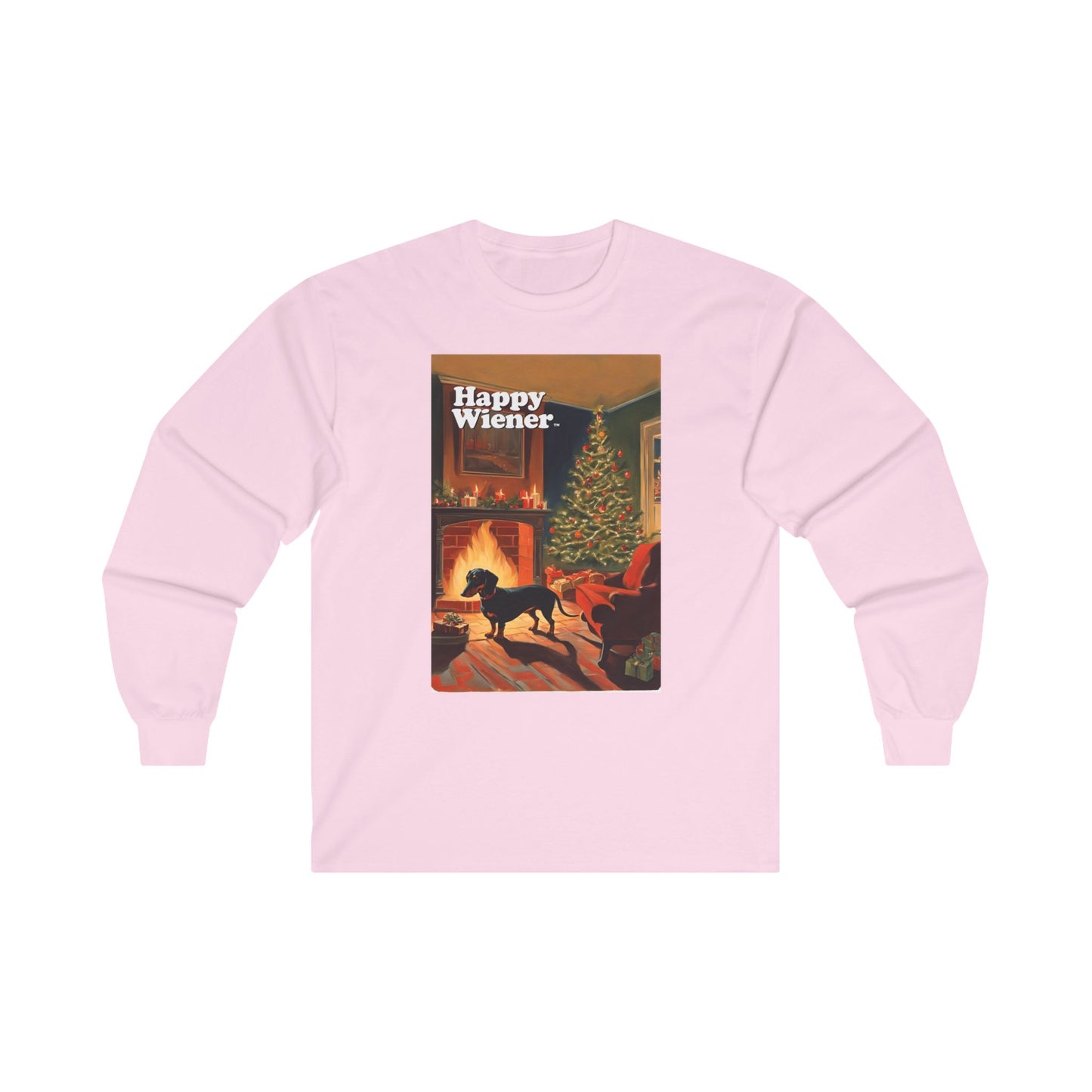 Long Sleeve TEE Holiday Sweater with CHRISTMAS TREE Fireplace Dachshunds – Wiener Dog Christmas Shirt