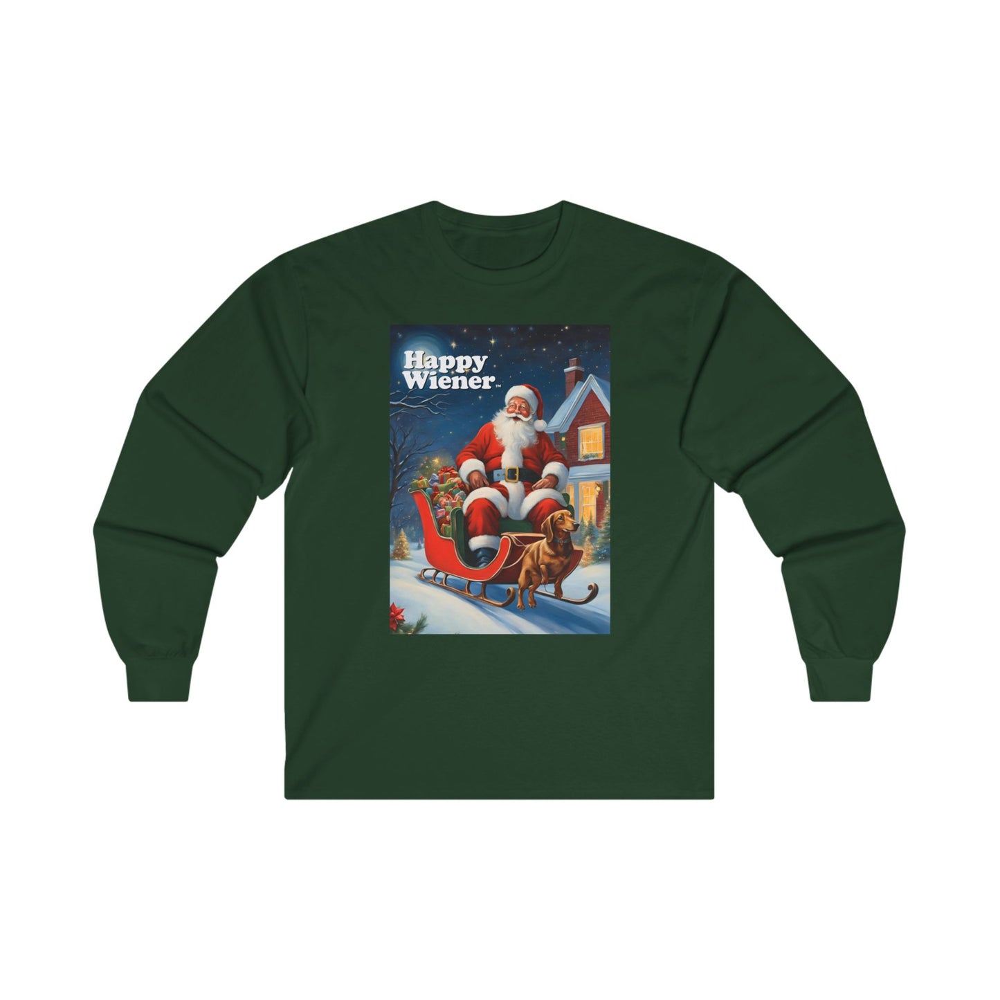 Long Sleeve TEE Holiday Sweater with SANTA SLEIGH Dachshunds – Wiener Dog Christmas Shirt