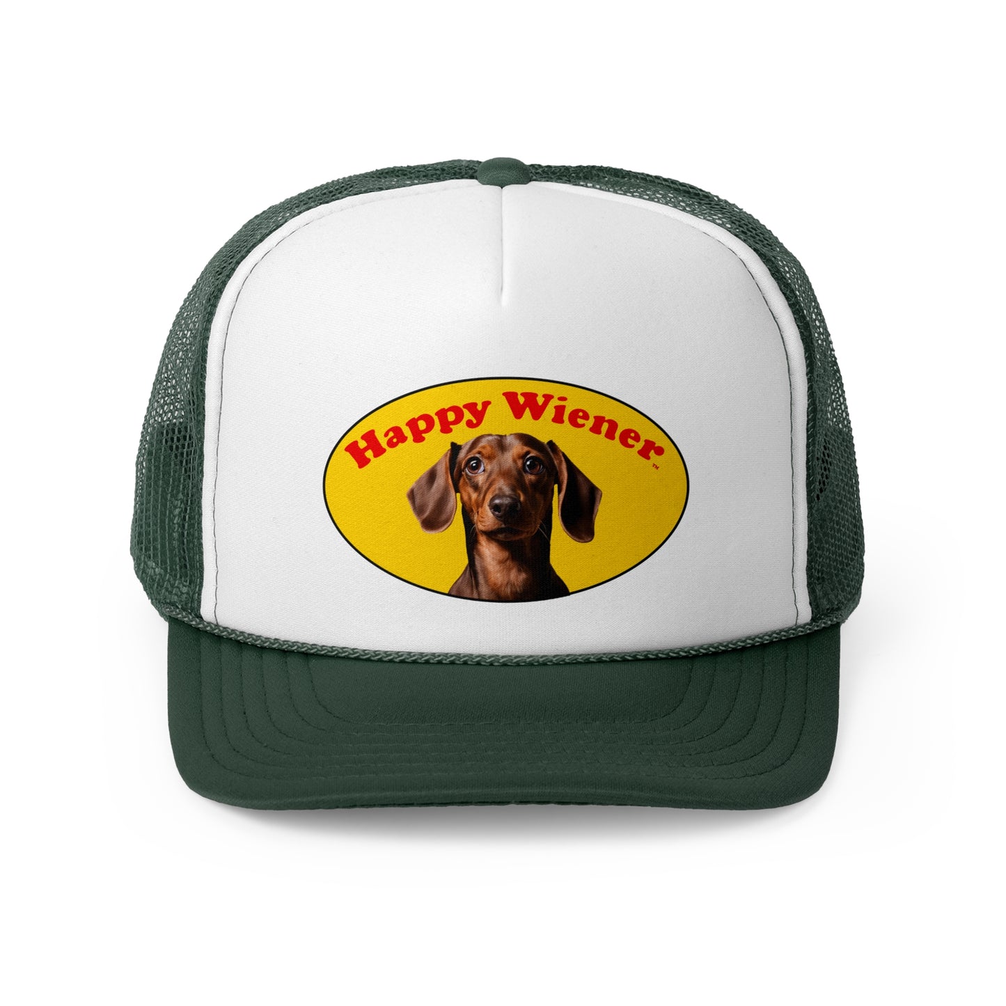 Happy Wiener™ Brown Wiener Dog Official Trucker Hat - Red/Blue