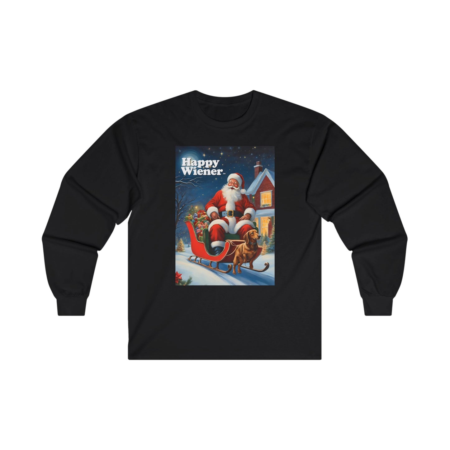 Long Sleeve TEE Holiday Sweater with SANTA SLEIGH Dachshunds – Wiener Dog Christmas Shirt
