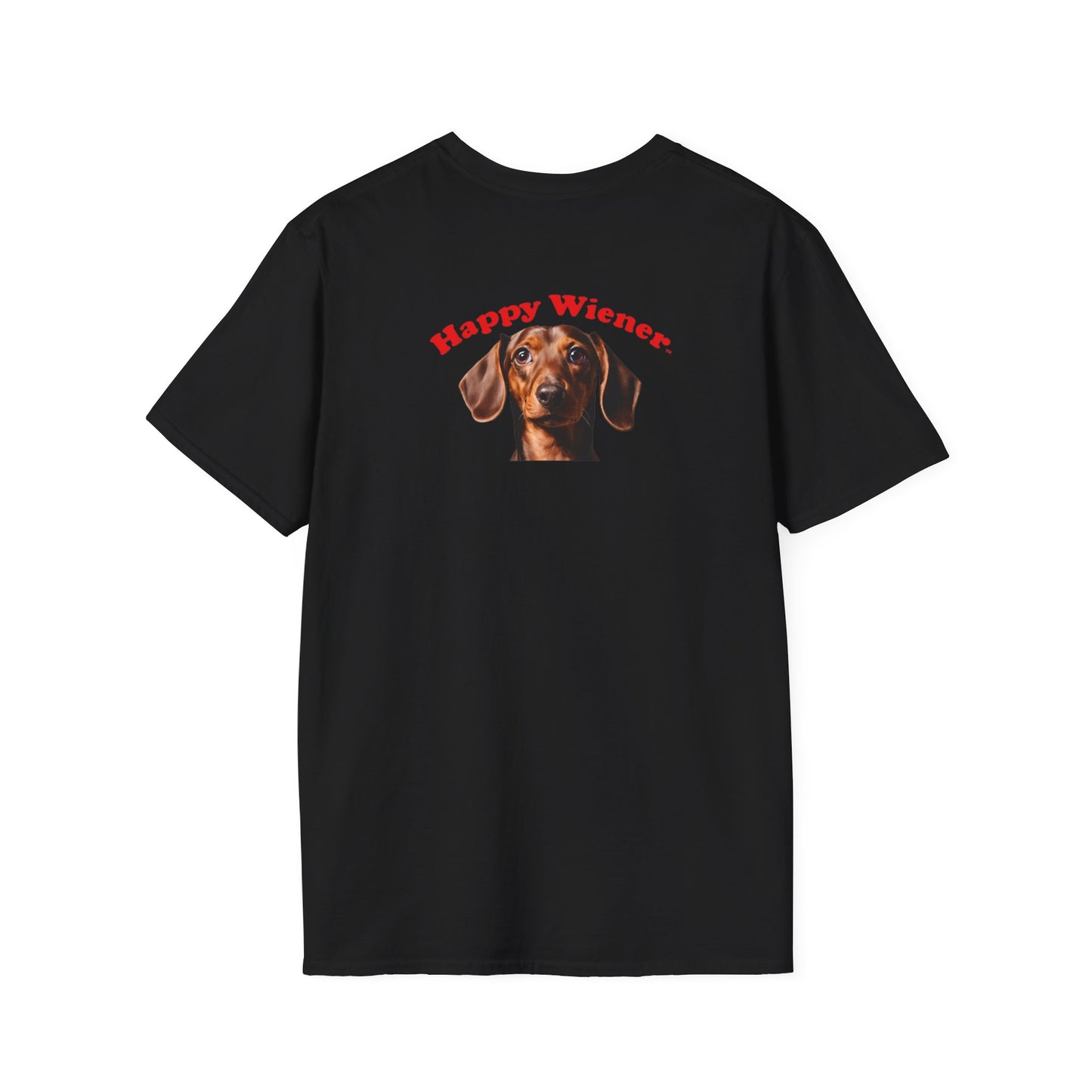 Happy Wiener™ Official Classic Brown Wiener T-Shirt Red Text (BLACK)