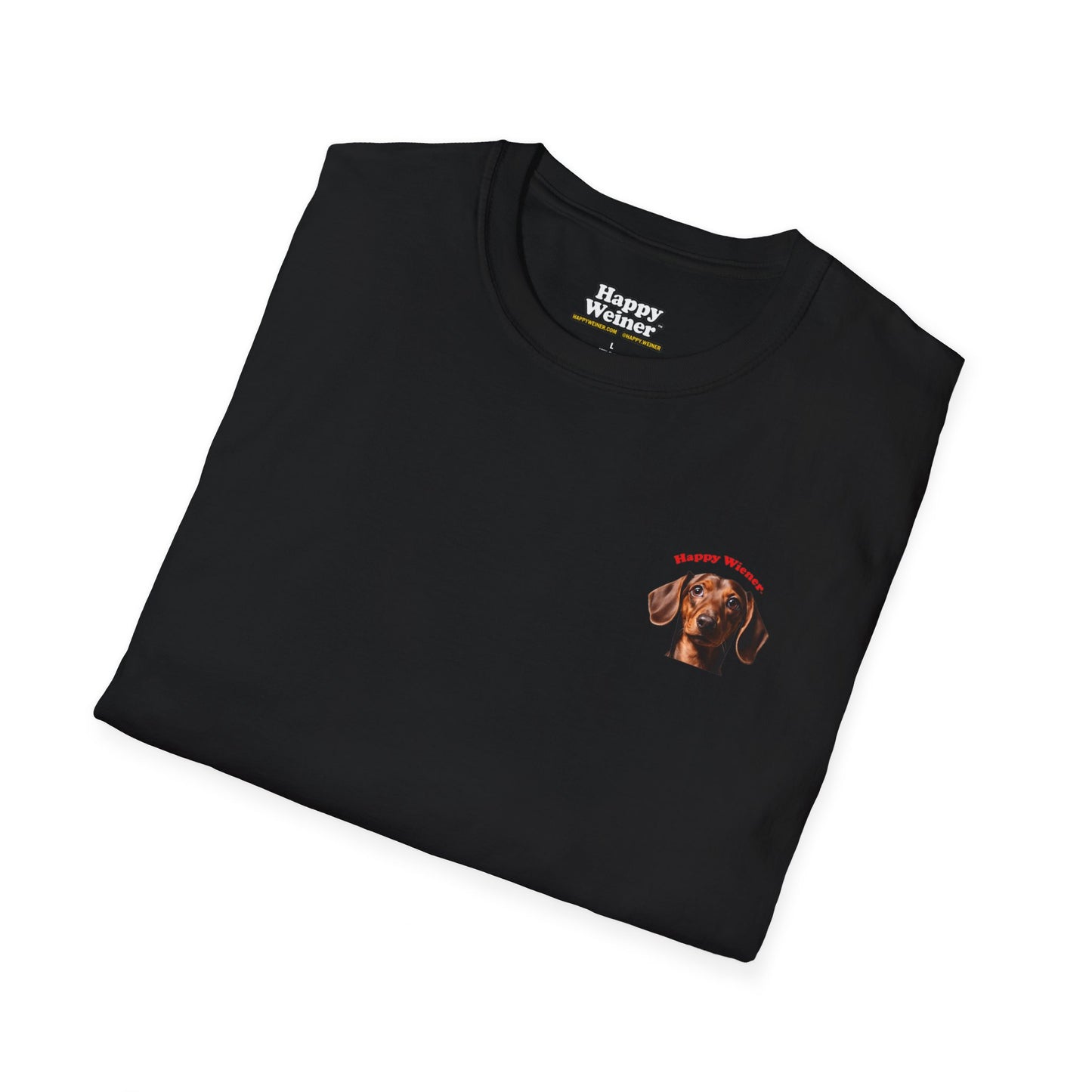 Happy Wiener™ Official Classic Brown Wiener T-Shirt Red Text (BLACK)