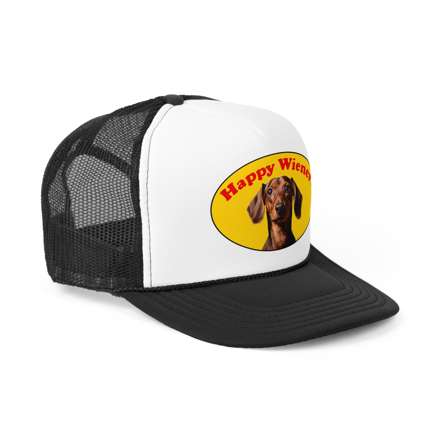 Happy Wiener™ Brown Wiener Dog Official Trucker Hat - Red/Blue