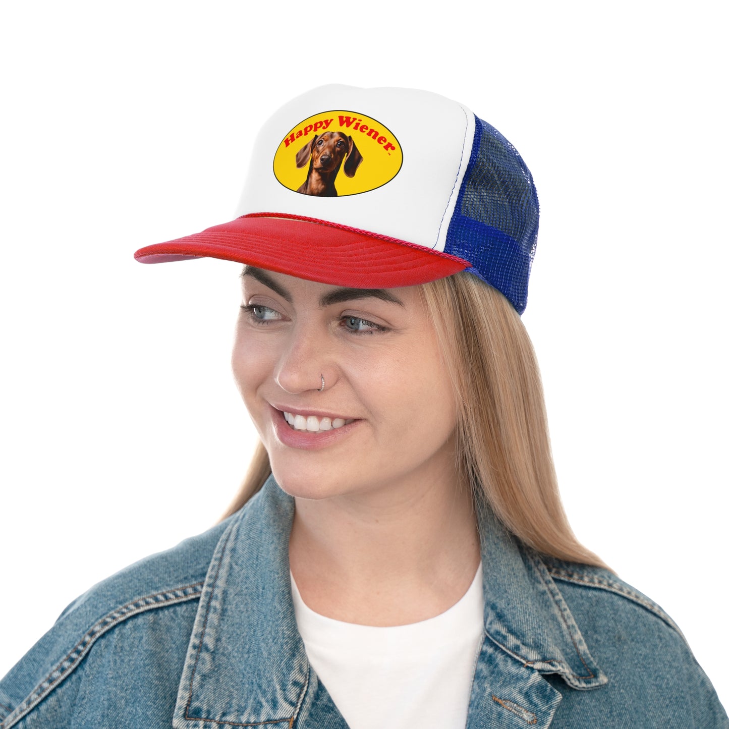 Happy Wiener™ Brown Wiener Dog Official Trucker Hat - Red/Blue