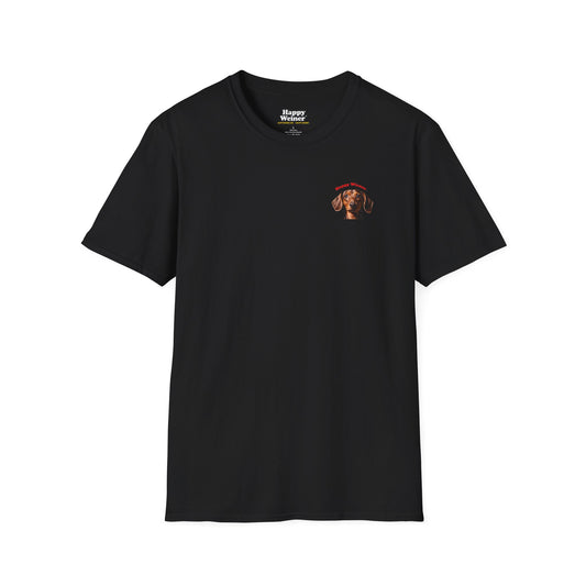 Happy Wiener™ Official Classic Brown Wiener T-Shirt Red Text (BLACK)