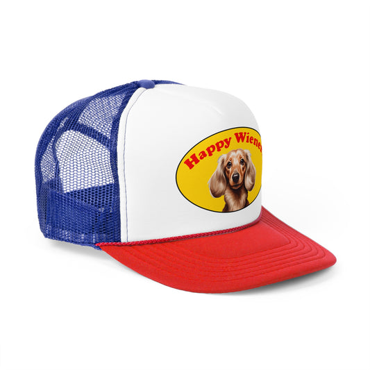 Happy Wiener™ Blonde Wiener Dog Official Classic Trucker Hat - Blue/Red