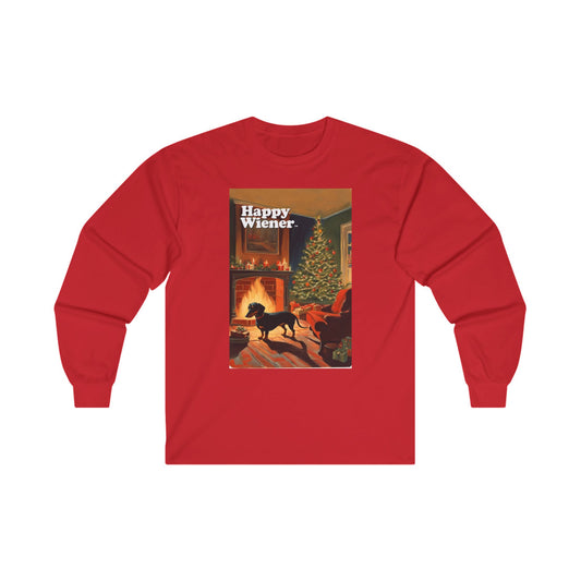 Long Sleeve TEE Holiday Sweater with CHRISTMAS TREE Fireplace Dachshunds – Wiener Dog Christmas Shirt