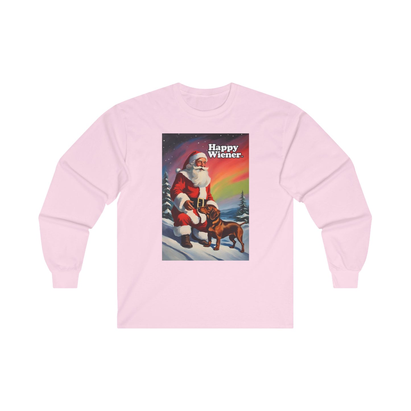 Long Sleeve TEE Holiday SANTA NORTHERN LIGHTS Sweater with Dachshunds – Wiener Dog Christmas Shirt