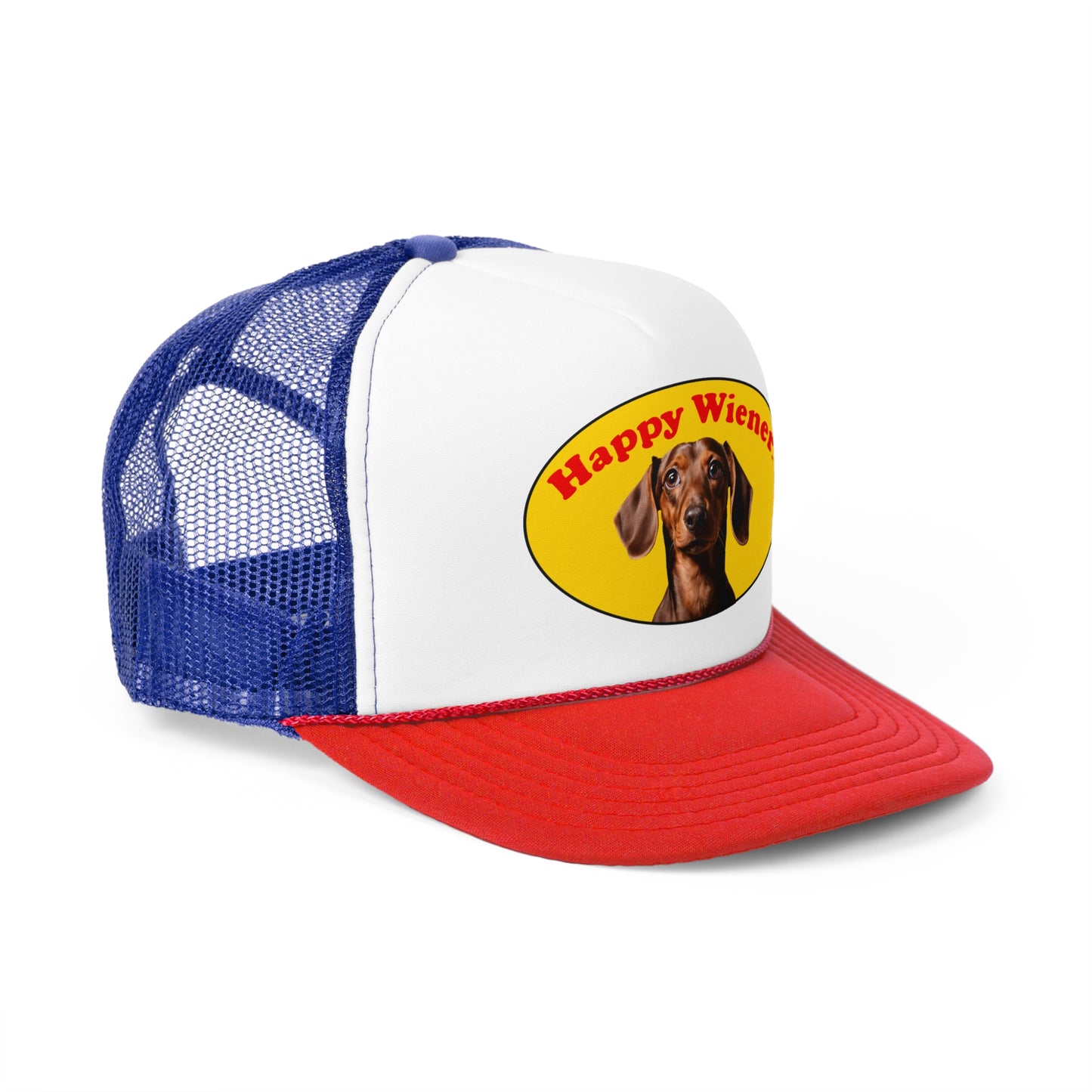 Happy Wiener™ Brown Wiener Dog Official Trucker Hat - Red/Blue