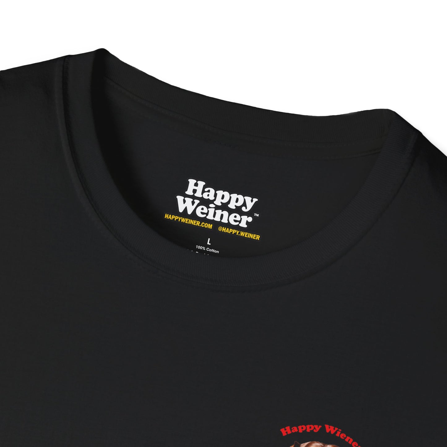 Happy Wiener™ Official Classic Brown Wiener T-Shirt Red Text (BLACK)